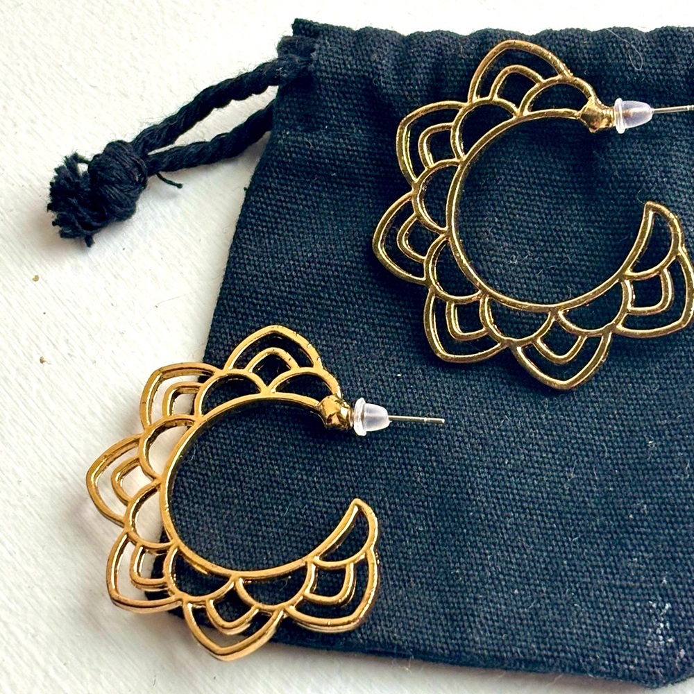 Gold Tone 2" Flower Hoop Earrings